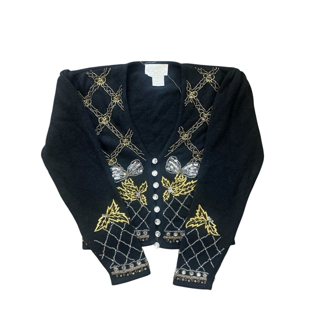 Black Cache Knitted Cardigan Embroidered Beaded Bow Lamb wool Blend S Bejeweled